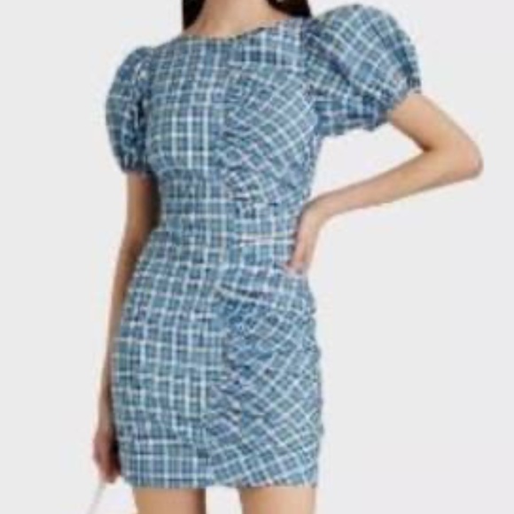 Ganni Check Ruched Seersucker Minidress in Check Azure Blue, - Picture 3 of 11